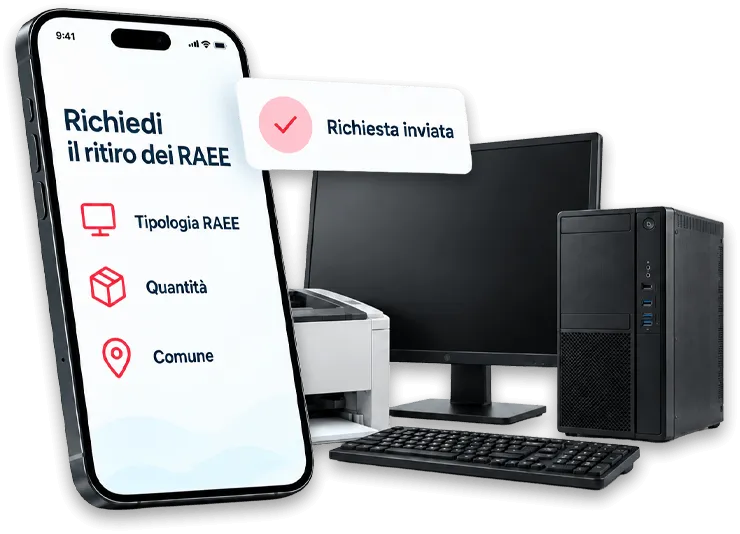 immagine cellulare con icone e informazioni per il ritiro e immagine computer, stampante e tastiera sullo sfondo